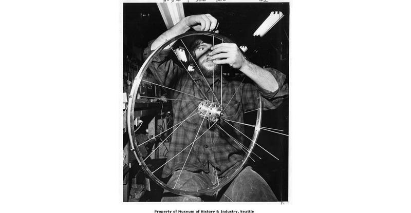 Glenn Erickson working at R&E Cycles, Seattle, May 10, 1974